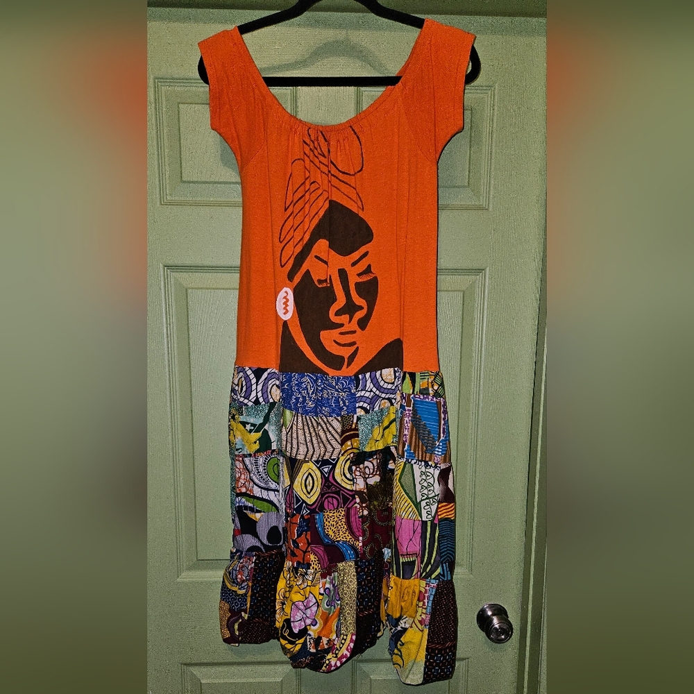 Vibrant Orange Graphic Patchwork Midi Dress